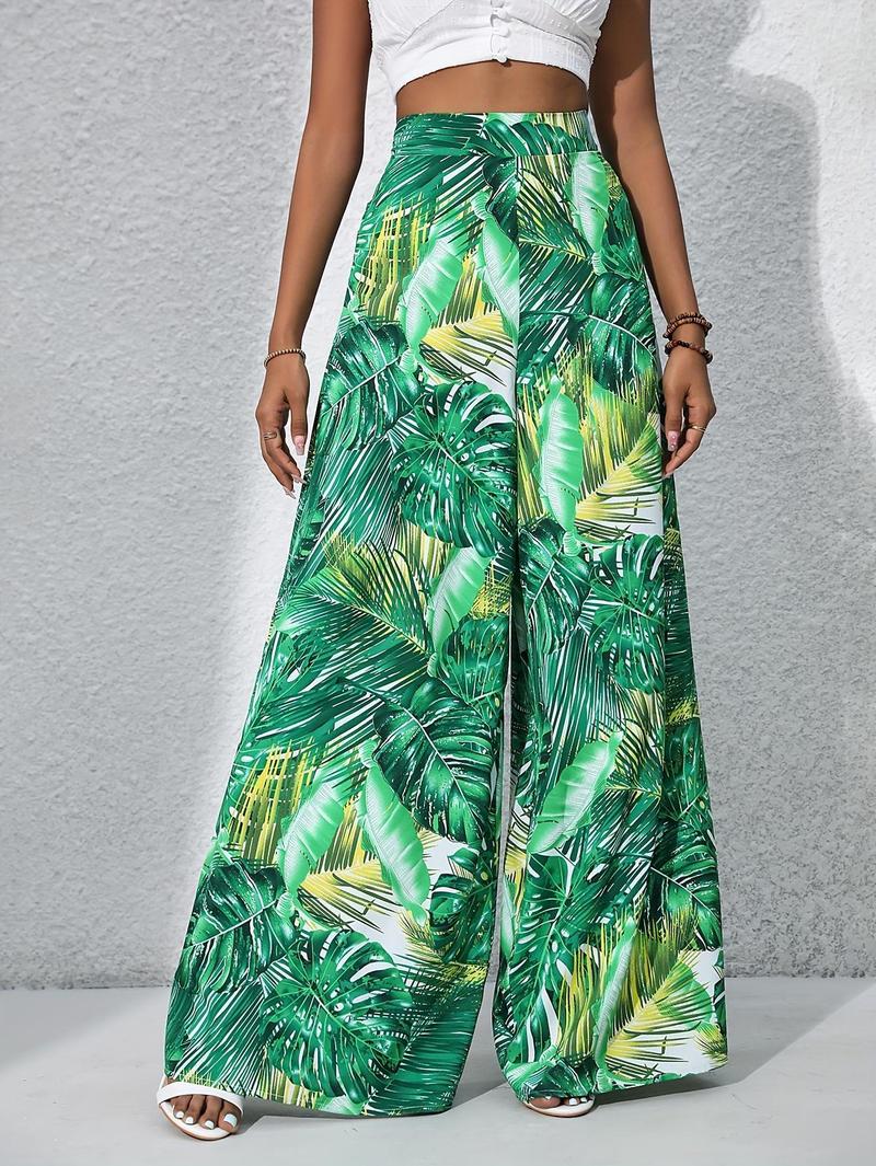 Product Introduction of Women'S Bohemian Floral Print Chiffon Wide-Leg Pants - High Waist, Elastic Waistband, Long Beach Trousers for Summer Vacation, Casual Elegant Style Womenswear Bottom Comfort 3