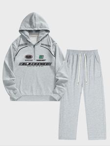 Men's Letter Print Zip Up Hoodie & Pants Two-piece Set, Casual Long Sleeve Hooded Sweatshirt & Trousers for Spring & Fall, Men's Two-piece Outfits for Daily Wear