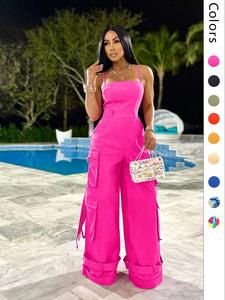 Women's Plain / All Over Print Multi-pocket Cargo Wide Leg Loose Jumpsuit, Fashion Casual Backless Sleeveless Baggy Cami Jumpsuit, Ladies Clothes for Streetwear, Wideleg Womenswear, Casual Basic Jumpsuit, Solid Color Jumpsuit