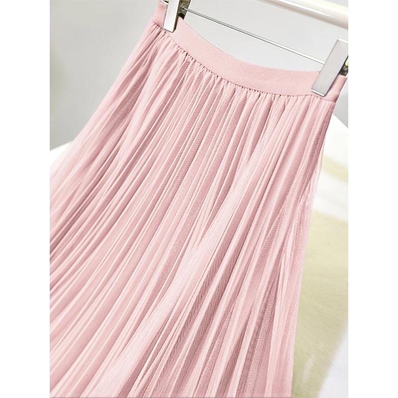 Polly Pocket Skirt Women'S Chic A-Line Pleated Skirt, 100% Polyester Knit Fabric, Solid Color, Elastic Waist, All-Season, Breathable Mesh Lining, 24g/m² - Elegant Midi Skirt 5