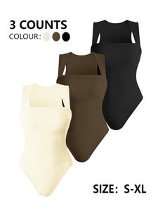 Women's Solid Ribbed Square Neck Shapewear Bodysuit, High Stretch Seamless Shaper, Tummy Control Butt Lifter, Ladies Shapewear for Daily Wear