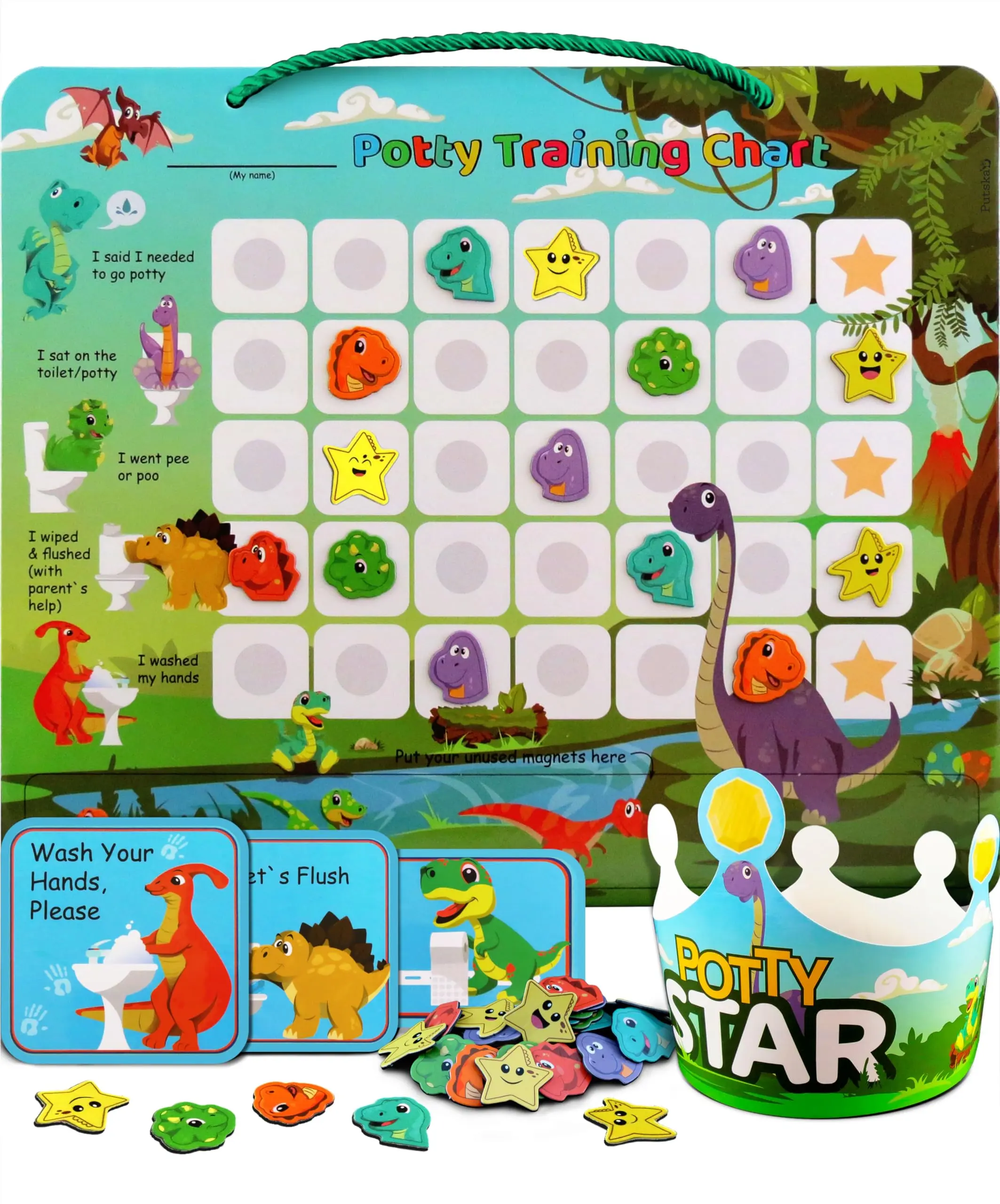 Potty Training Reward Chart. Reward Charts for Children Behavior with 35 Reusable Magnetic Stickers. A Dinosaur Toilet Training Reward Chart for Toddlers. Kids Reward Chart and Stickers for Boys