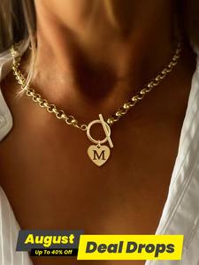 Heart Hollow Out Initial Pendant Necklace, Stainless Steel Chain Necklace for Women with OT Buckle, Gold Statement Chain, Elegant Fashionable Jewelry Accessories for Party, Daily Decor, Trendy All-match & Exquisite Jewelry for Birthday Gift