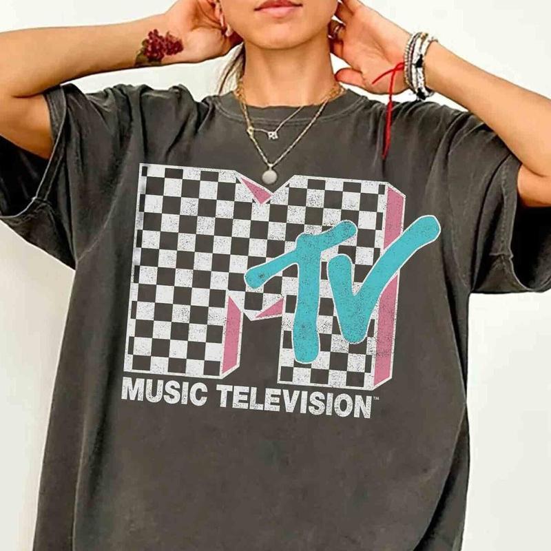 MTV Neon Distressed Checkered Logo Graphic Shirts, Retro 80s & 90s MTV Wash Family Matching Tee, Vintage MTV Birthday Girl 0