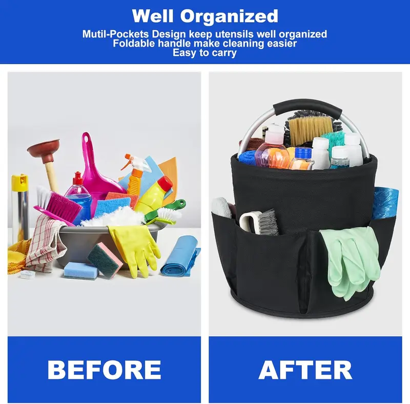 Cleaning Caddy with Handle, Multi Pocket Large Organiser Bag, Easy To Clean and Carry, Black 1