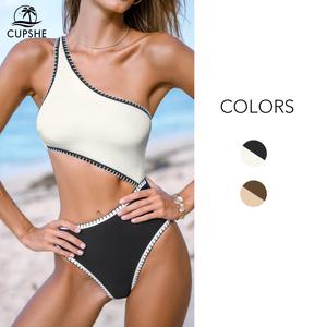 CUPSHE Colorblock Shell Stitched Summer Monokini Casual Women One Piece Cutout & Knotted Back Swimwear Beach Swimsuit One Shoulder Bathing Suits