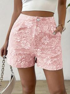 Women's Floral Jacquard High Waist Shorts, Casual Fashion Shorts for Summer, Fashion Women's Bottoms Fitted for Daily Wear, Womenswear, Clothes for Women, High Waisted Shorts, Soft Shorts, Graphic Print Shorts, Casual Comfy Shorts, Hawaiian Beach Shorts