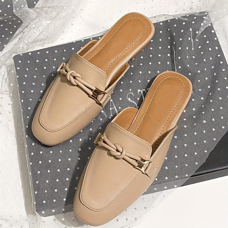 Elegant Beige Slip-On Mules for Women - Casual Square Toe Flat Sandals with Braided Detail, Breathable Faux Cover, Versatile All-Season Footwear 4