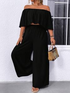Women's Plus Size Two Piece Sets Off Shoulder Ruffle Crop Top High Waist Wide Leg Pants Matching Sets Solid Black Flowy Casual Summer Vacation Outfits Resort Wear Elegant Boho Co-ord Spring Womenswear