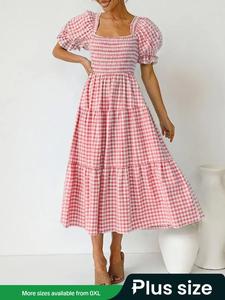 【Plus Size】 Plaid Print Puff Sleeve Dress, Casual Square Neck Short Sleeve Dress for Spring & Fall, Women's Clothes for Daily Wear, Womenswear