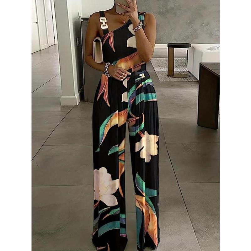 Women's Floral Print Ring Linked Asymmetrical Neck Plicated Jumpsuit, Boho Casual High Waist Wide Leg Jumpsuit for Summer, Summer Clothes 5