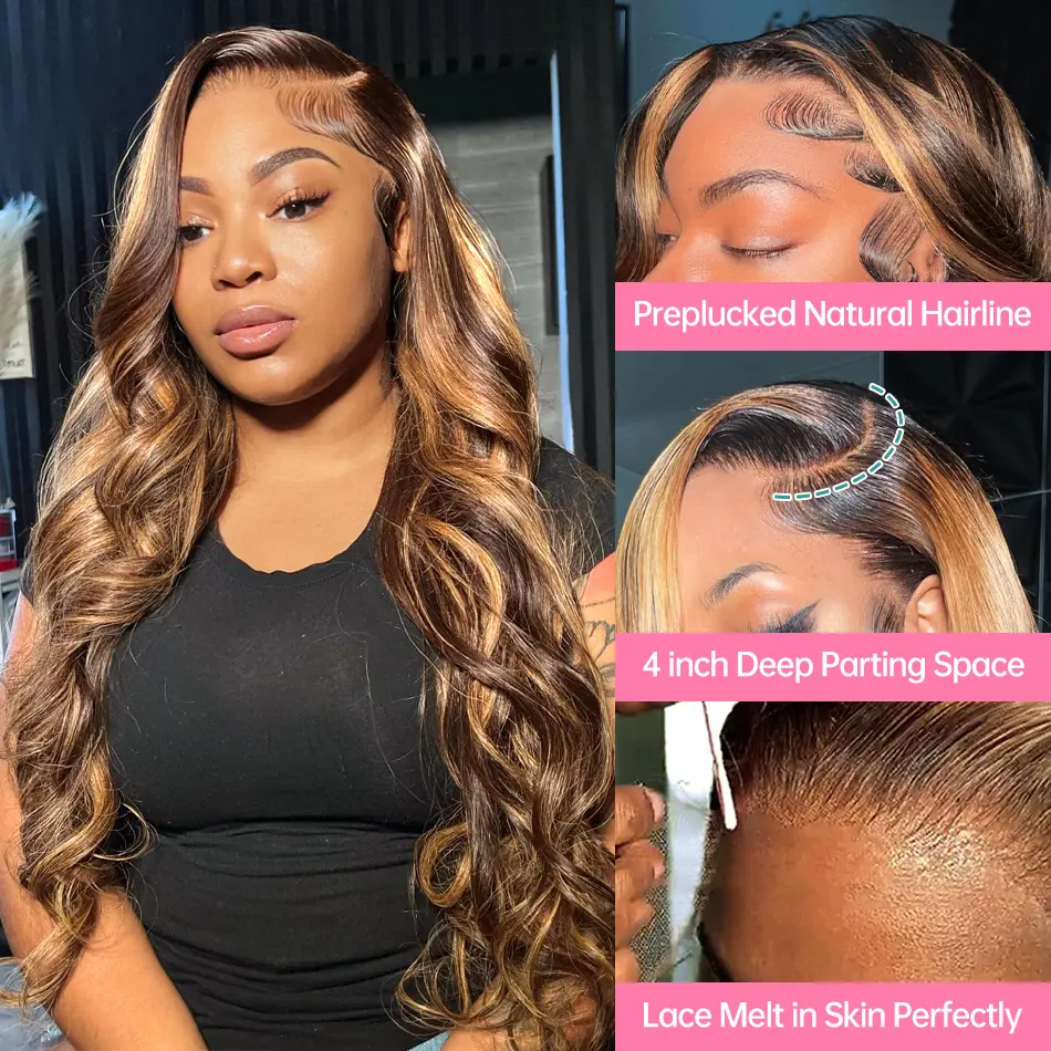 HD 13x6 Highlight Wig Human Hair Glueless Brown Lace Front Human Hair Wigs Body Wave Honey Blonde Colored Lace Frontal Wig 180%
