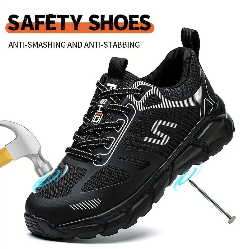 Men's Breathable Steel Toe Lace Up Work Sneakers, Anti Smashing Steel Toe Safety Shoes Puncture Proof Work Shoes, Breathable And Comfortable Men's Work Shoes 2