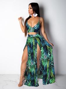 Two-piece Set Women's Leaf Print Crop Cami Top & Split Hem Skirt Set, Bohemian Boho Casual Two-piece Outfits for Beach Holiday Vacation, Ladies Summer Clothes, Womenswear, Cute Summer Outfit