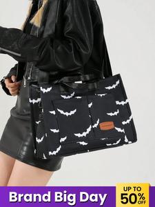 Women's Halloween Bat Pattern Canvas Crossbody Bag, Large Capacity Multi-pocket Canvas Shoulder Bag, Portable Shoulder Bag for Daily Used