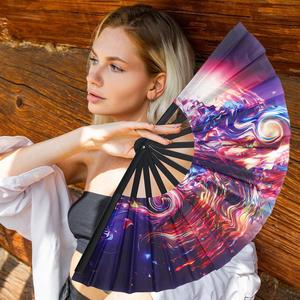 UV Glow Rave Fan, 1 Count Bamboo Folding Clack Hand Fan, Handheld Fan for Men Women, Foldable Hand Fan for Home Decor, Party Supplies