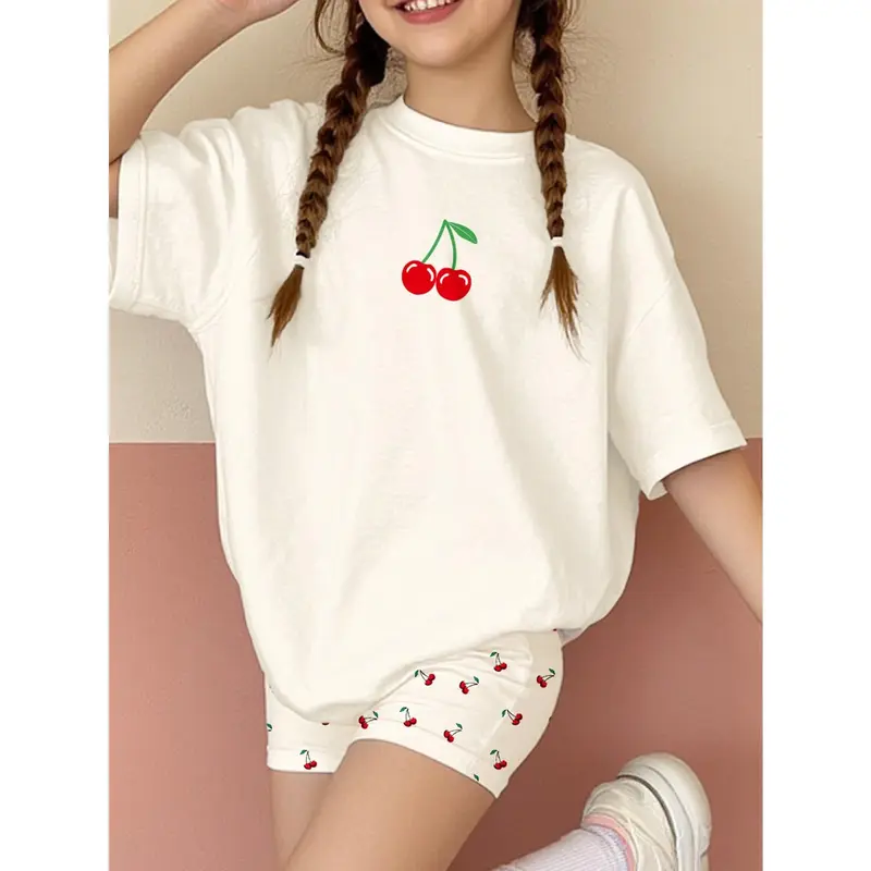2pcs/Set Vintage Cherry Pattern Teen Girl Casual Loose Short Sleeve T-Shirt And Shorts Set, Suitable For Summer 3