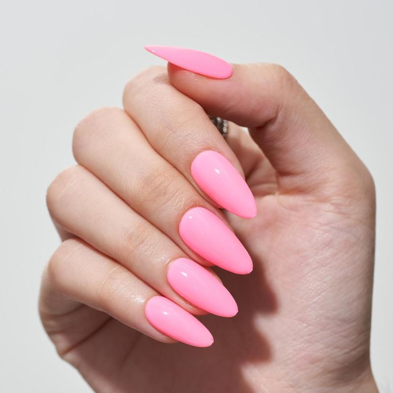 GLAMERMAID Press on Nails Medium Almond, Spring Summer Handmade Hot Pink Gel Glue on Nail, 24Pcs Glossy Short Stiletto Reusable UV Finish Fake Nails Acrylic False Nails Manicure Kits for Women 5