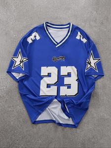 Men's Letter & Number & Star Print Drop Shoulder V Neck Tee, Regular Fit Casual Short Sleeve T-shirt for Summer, Men's Top for Daily Wear