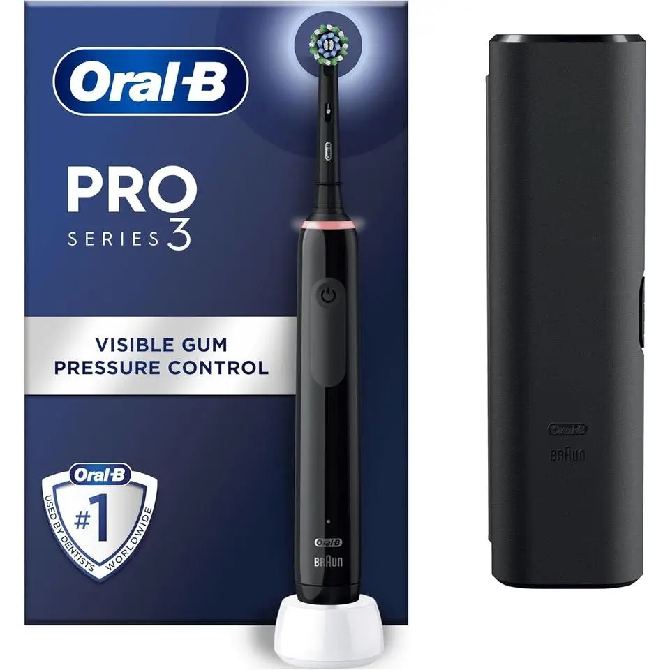 Pro 3 Electric Toothbrushes for Adults, Gifts for Women / Men, 1 Cross Action Toothbrush Head & Travel Case, 3 Modes with Teeth Whitening, 2 Pin UK Plug, 3500, Black, Oral B