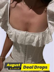 Women's Plain Eyelet Embroidery Ruffle Trim Adjustable Lace Up Corset Structure Blouse, Sweet Fashion Fitted Backless Butterfly Sleeve Square Neck Top for Daily Outdoor Wear, Vintage Girly Clothes, Womenswear, Elegant Classy Tops, Shirt