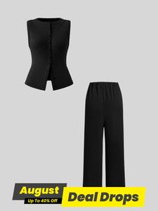 Two-piece Set Women's Button Front Crop Vest Solid Color Blazer & Wide Leg Pants, Casual Sleeveless Top & Trousers for Summer, Ladies Clothes for Work Office Business, Womenswear, Suits, High Waisted Suits, Basic Business Attire Clothes