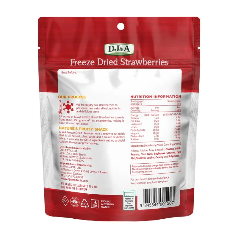 DJ & A Freeze Dried Strawberries 25g Freeze Dried  Fruit Snack Dry Healthy Low Calories Natural Artificial 1