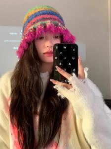 Unisex Cute Color Striped Pattern Tassel Decor Bucket Hat, Casual Trendy Knitted Hat, Fashionable Clothes Accessories for Women & Men for All Season