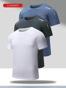 Men's Solid Round Neck Reflective Stripe Trim Short Sleeve Tee, Breathable Comfortable Crew Neck T-shirt for Summer, Casual Men's Top for Daily Wear