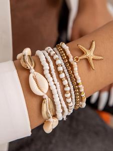 Boho Style Shell & Starfish Decor Beaded Bracelets, Stackable Bracelets, Bohemian Bracelets, Women's Creative Fashion Hand Jewelry for Party, Daily Clothing Decor, Trendy & Exquisite Jewelry for Gift, Gifts for Her, Adjustable Beaded Design