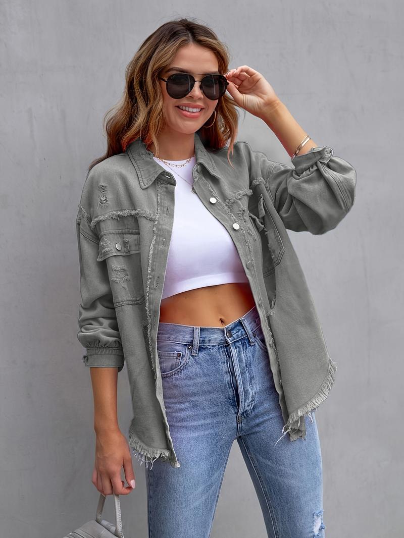 Product Introduction of 2025 New Denim Jacket Women's Solid Color Loose Jacket Ripped Long Sleeve Women's Denim Shirt Hot Selling 15