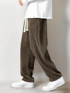 Men's Solid Textured Drawstring Waist Corduroy Pants, Loose Casual Comfy Elastic Waist Straight Leg Trousers for Fall & Winter, Men's Bottoms for Daily Wear