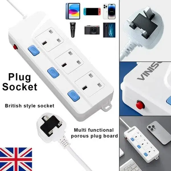 2M 3Gang Way UK Mains Plug Power Extension Lead Cable Electric Socket UK Extension Lead with Switches, 3 Way Plug Sockets with Overload Protection Surge Protection 1.8M Extension Cable Wall Mountable Power Strip extension  lead extension  socket