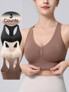 Women's Solid Ruched V-neck Removable Chest Pads Sports Bra, Comfortable Breathable Racerback Wireless Sports Bra, Ladies Sportswear for Indoor Outdoor Wear