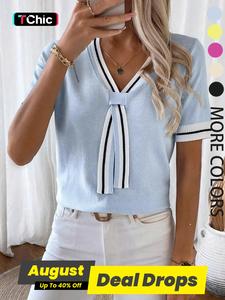 Women's Colorblock Striped Shortsleeve Vneck Knit Top, Casual Elegant Classy Fashion Chic Fitted Short Sleeve Top for Summer, Ladies Clothes for Daily Wear, Womenswear, Knitwear, Breathable Top, Light Wash