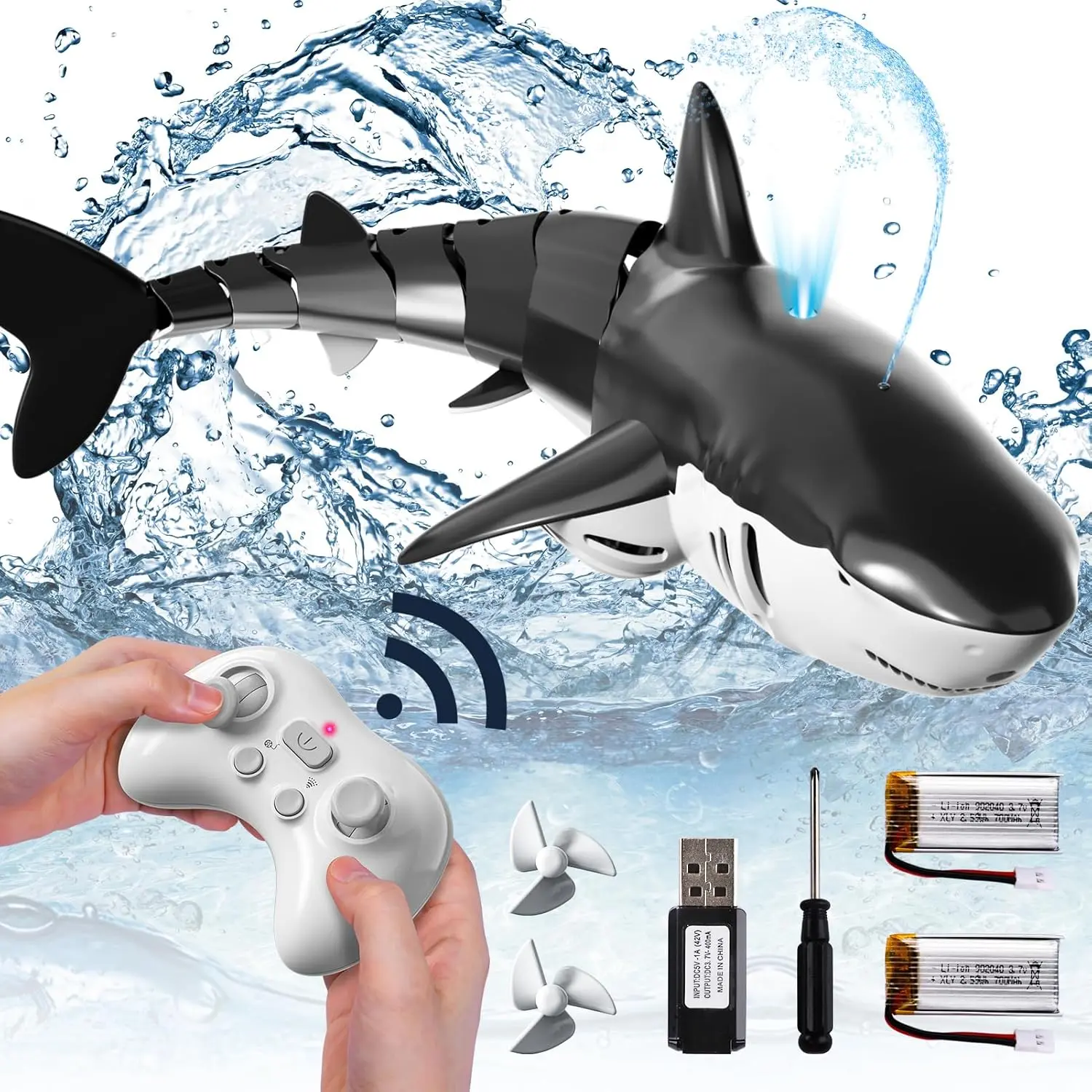 Dual Battery Remote Control Shark Toy with Water Spray & Lights, 2.4GHz Electric RC Shark for Pool Bath Beach, Swimming Animal Water Toy, Simulated Shark Gift for Kids, Fun Toy for Swimming Pool, Birthday Gift for Children, Beach Shark Toy, Water Fun