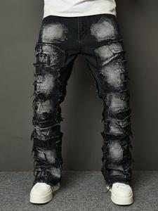 Men's Ripped Raw Trim Design Straight Leg Jeans, Casual Comfy Regular Fit Denim Pants for Daily Wear, Fashion Men's Bottoms for All Seasons, Cotton