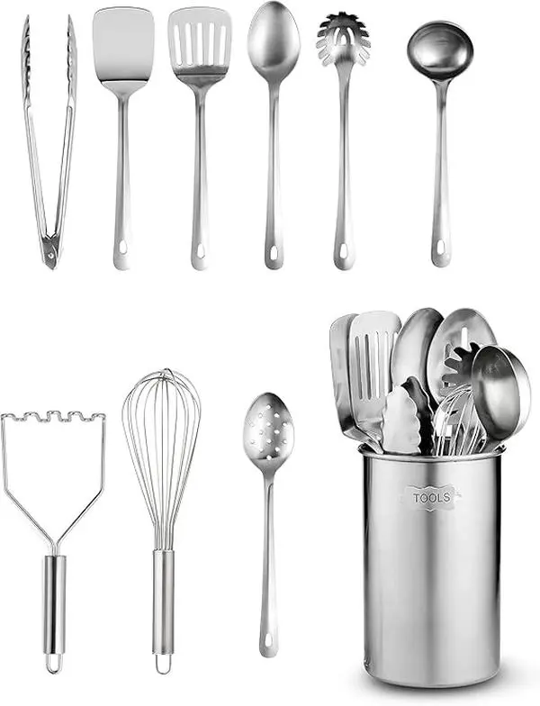 Stainless-Steel Kitchen Utensil Set - 10-Piece Premium Nonstick & Heat Resistant Gadgets, Turner, Spaghetti Server, Ladle, Serving Spoons, Whisk, Tongs, Potato Masher & Utensil Holder