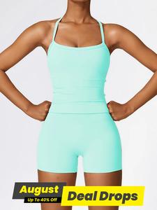 Women's Solid Cami Top & High Waist Shorts Tracksuits Workout Sets, Sporty Casual Breathable Quick Drying Outfits for Indoor Outdoor Running, Ladies Sportswear for All Seasons, Yoga Gym Activewear, Fitness Training Clothes