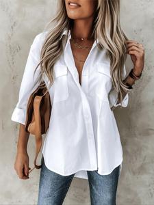 Plus Size Plain Pocket Button Front High Low Hem Shirt, Casual Drop Shoulder Roll Up Sleeve Shirt for Summer, Women's Clothes for Daily Wear, Womenswear
