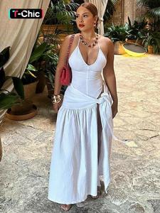 Women's Solid Backless Cami Bodysuit & Split Thigh Skirt Two-piece Set, Sexy Fashion Casual Halter Neck Bodysuit & Tie Front Plicated Skirt for Daily Outdoor Wear, Ladies Clothes for All Seasons, Tall Clothing Women, Co Ords for Women