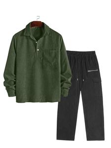 Men's Solid Color Corduroy Top & Pants Set, Loose Casual Long Sleeve Button Top & Trousers, Men's Spring & Fall Clothes