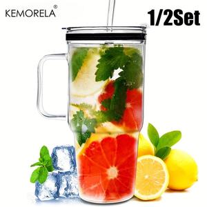 Glass Cup with Lid & Straw, 1/2 Counts 40oz Clear Glass Water Cup with Handle, Drinking Cup for Home Office Outdoor Camping, Drinkware Tools