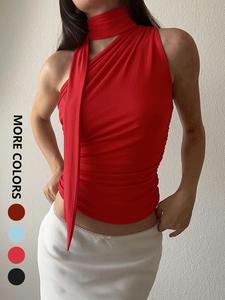 Women's Solid Asymmetrical Neck Tank Top, Casual Sleeveless Top for Summer, Women's Clothing for Daily Wear