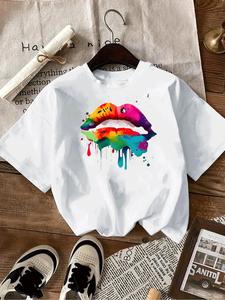 Women's Lip Print Round Neck Sports Tee, Fashion Casual Crew Neck T-Shirt for Daily Outdoor Wear, Ladies Summer Clothes, Top