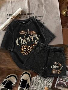Two-Piece Set Women's Leopard Print Letter Cherry Tee & Shorts, Casual Short Sleeve T-shirt & Shorts, Ladies Two-piece for All Seasons, Womenswear