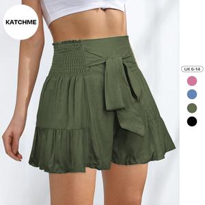 KatchMe Lovely Womenswear Solid Color High Waist Bow Tie Textured Shorts,Trendy Plain Women's Pull On Shorts,Soft Outfits for Women,Street Bottoms