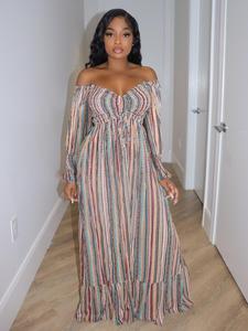 Women's Striped Print Off Shoulder Shirred Ruffle A Line Dress, Boho Flounce Sleeve Maxi Dress for Fall & Winter, Women's Clothing for Daily Wear
