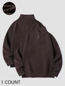 Men's Solid Button Front Drop Shoulder Sweater, Regular Fit Casual Long Sleeve High Neck Jumper for Fall & Winter, Men's Knitwear for Daily Wear