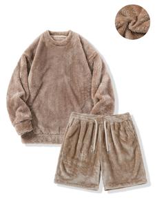 Men's Solid Drop Shoulder Fuzzy Sweatshirt & Shorts Set, Casual Fashion Cozy Long Sleeve Pullover & Shorts for Daily Outdoor Wear, Men's Two-piece Outfits for Fall & Winter